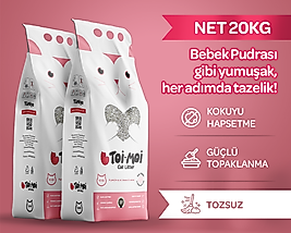 2'li Avantaj Paketi Tozsuz, Topaklanan, Emiciliği Yüksek Bebek Pudralı Bentonit Kedi Kumu 2x10Kg